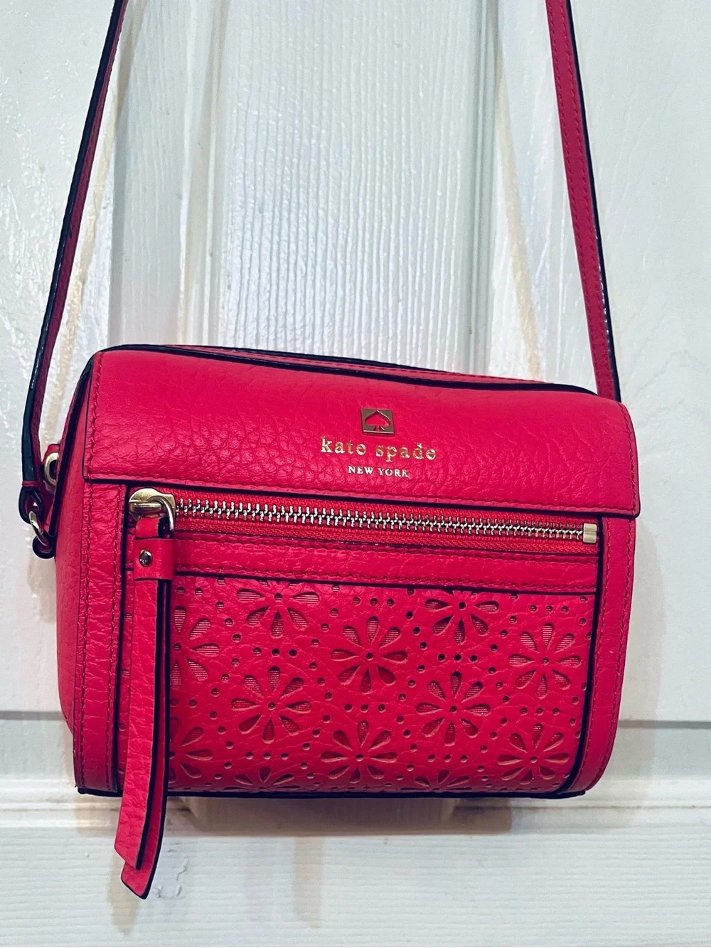 Kate Spade New York Perri Lane Looloo Pink Leather Laser Cut Crossbody Bag EUC
